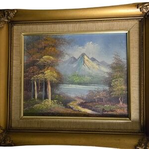 landscape featuring mountains original oil on board signed framed